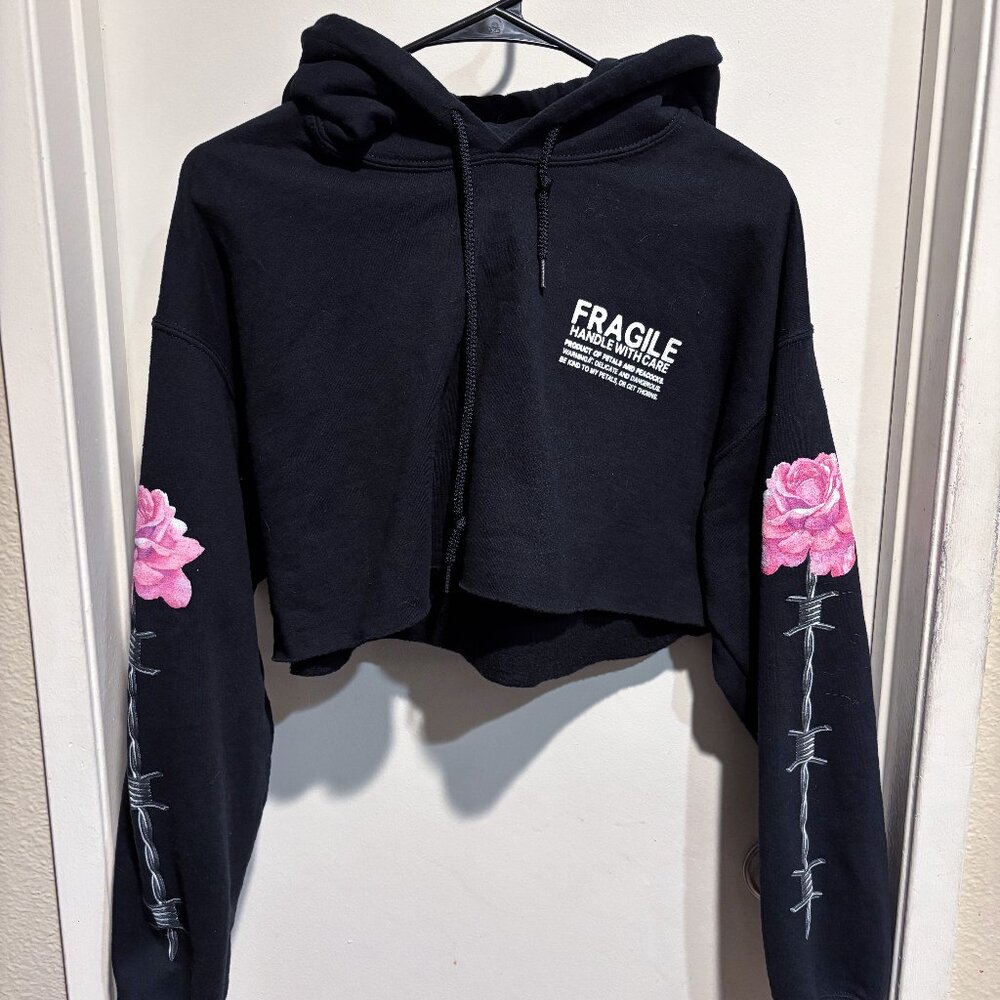 Cropped Barbed Wire Flower Fragile Hoodie - Petals by Petals & Peacocks